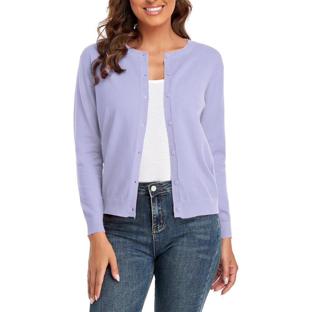 Women's Cotton Blend Button Down Long Sleeve Cardigan Light Purple Medium